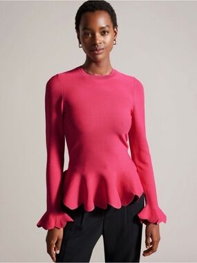 Ted Baker Lillyyy Long Sleeve Scalloped
Peplum Top Scallop-Hem Knit Top Fuchsia